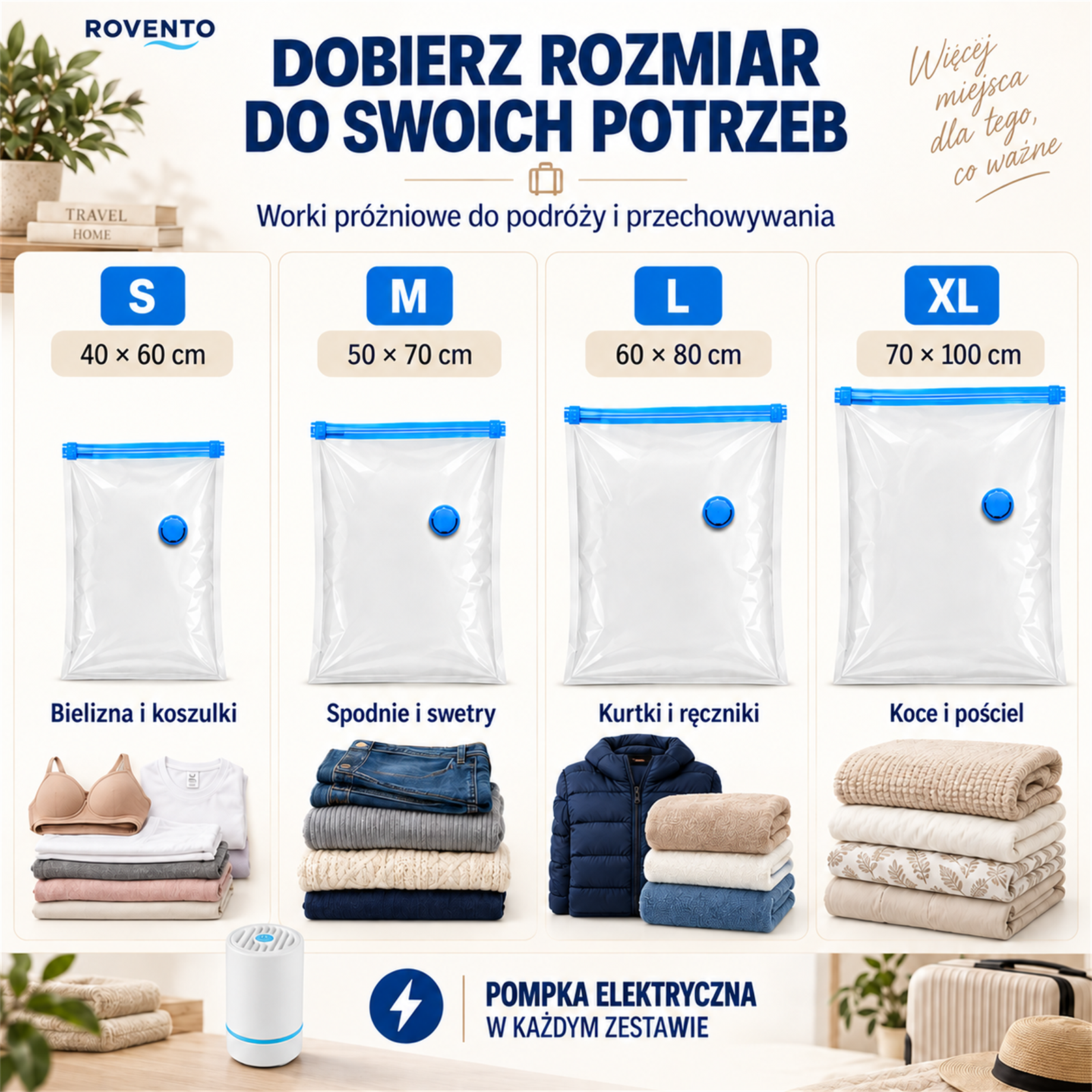Rozmiary worków próżniowych Rovento: S, M, L i XL z pompką elektryczną