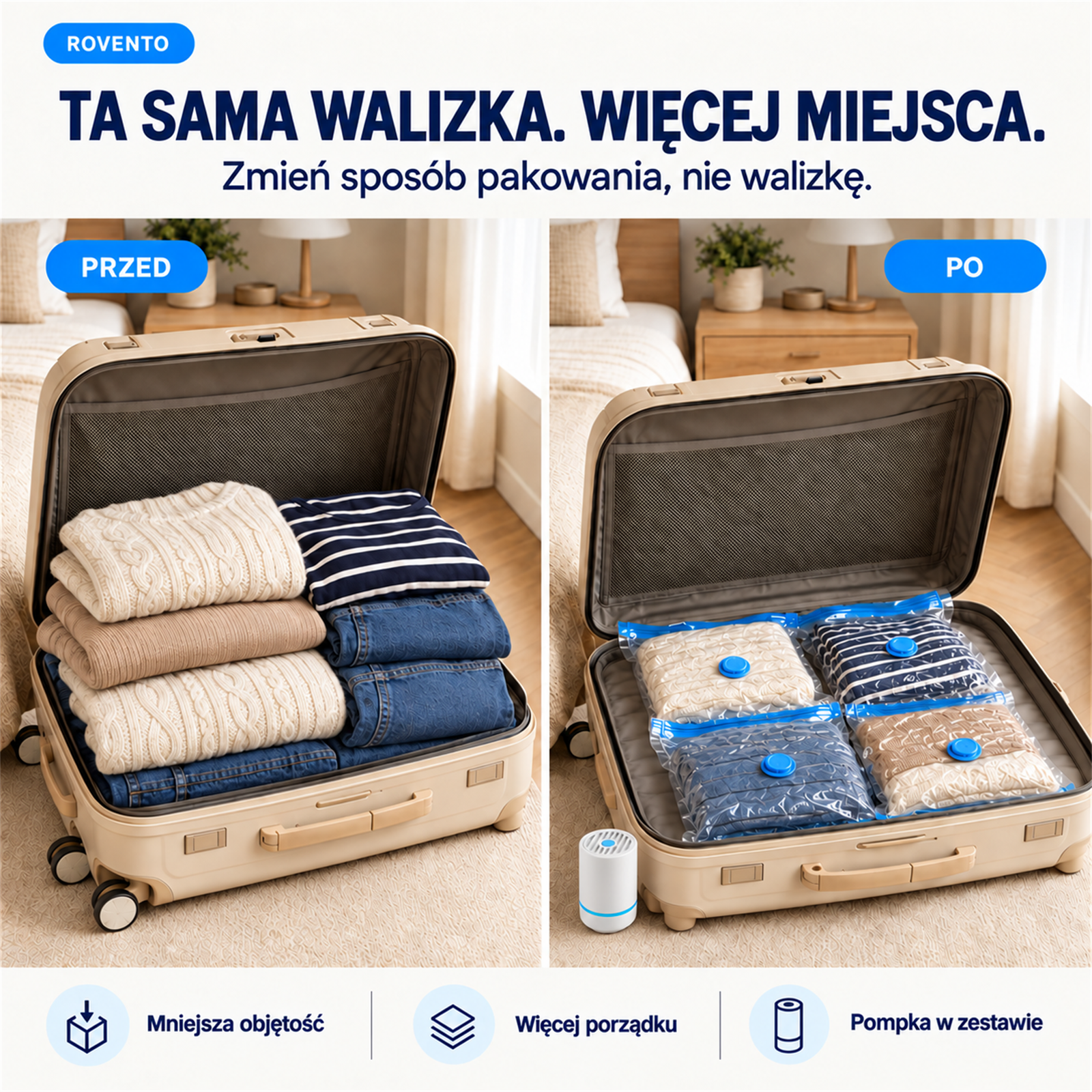 Walizka przed i po spakowaniu ubrań w worki próżniowe