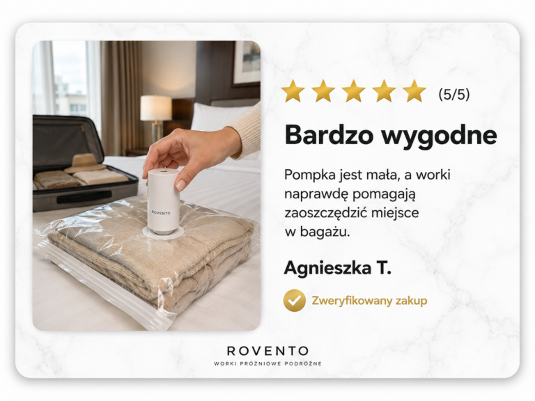 Opinia klientki o workach próżniowych Rovento: pompka jest mała, worki oszczędzają miejsce w bagażu