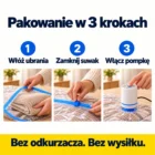 Pakowanie w 3 krokach: włóż ubrania, zamknij suwak, włącz pompkę