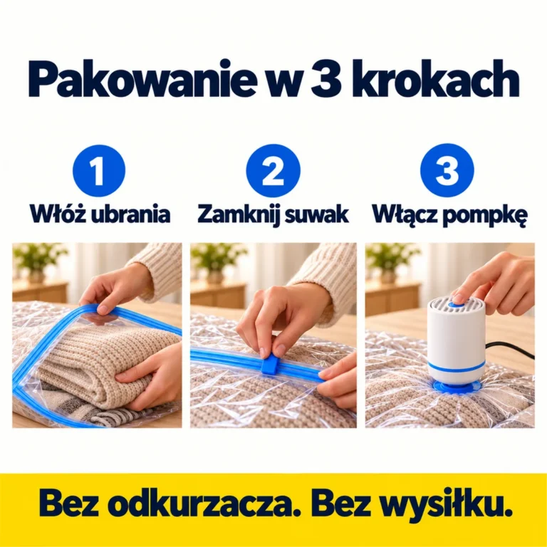 Pakowanie w 3 krokach: włóż ubrania, zamknij suwak, włącz pompkę