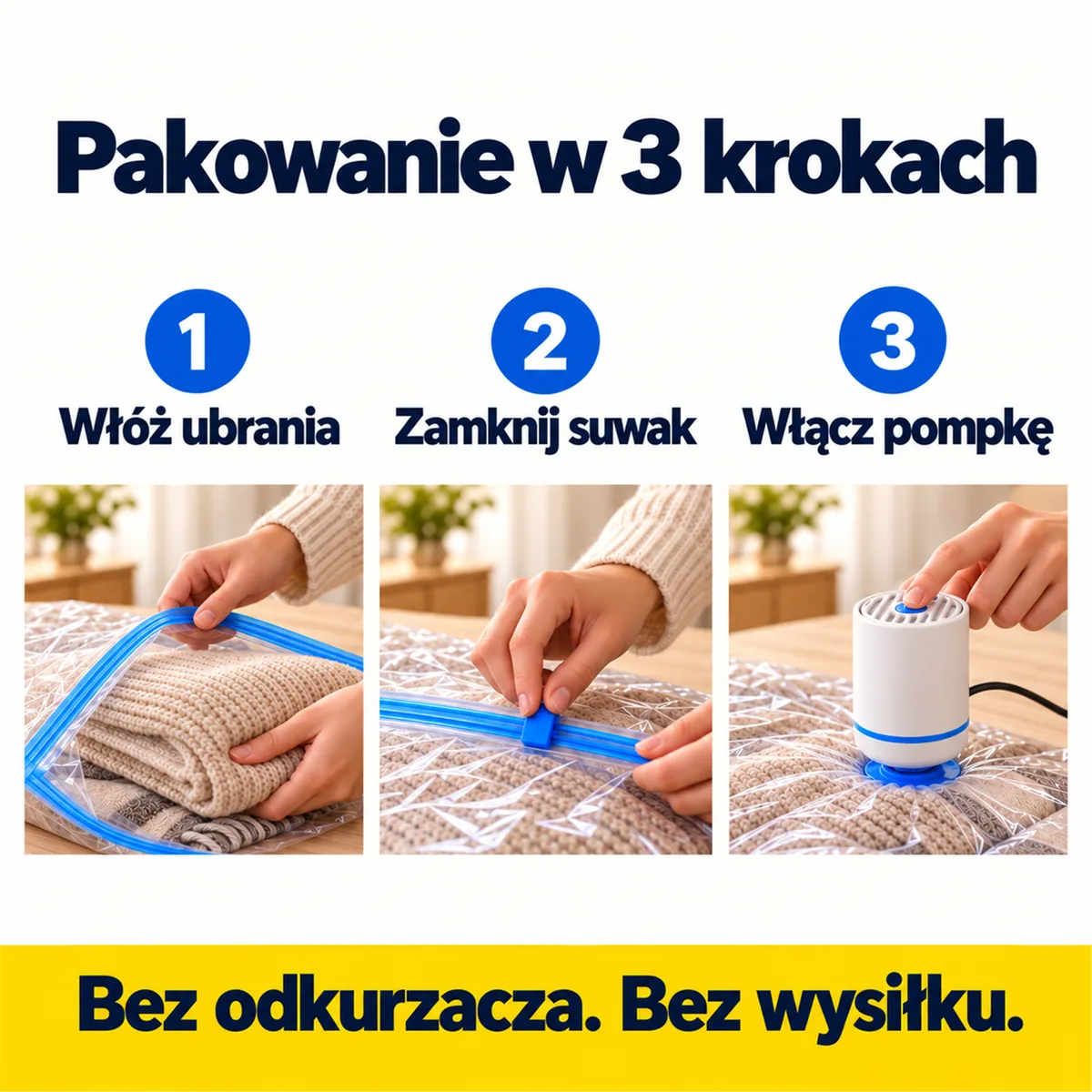 Pakowanie w 3 krokach: włóż ubrania, zamknij suwak, włącz pompkę