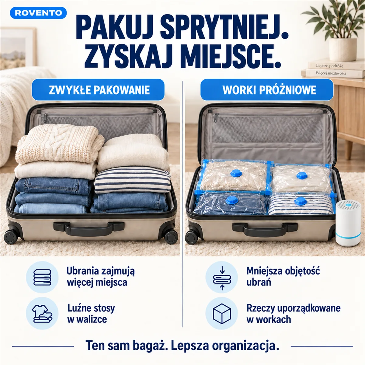 Porównanie objętości ubrań luzem i w worku próżniowym
