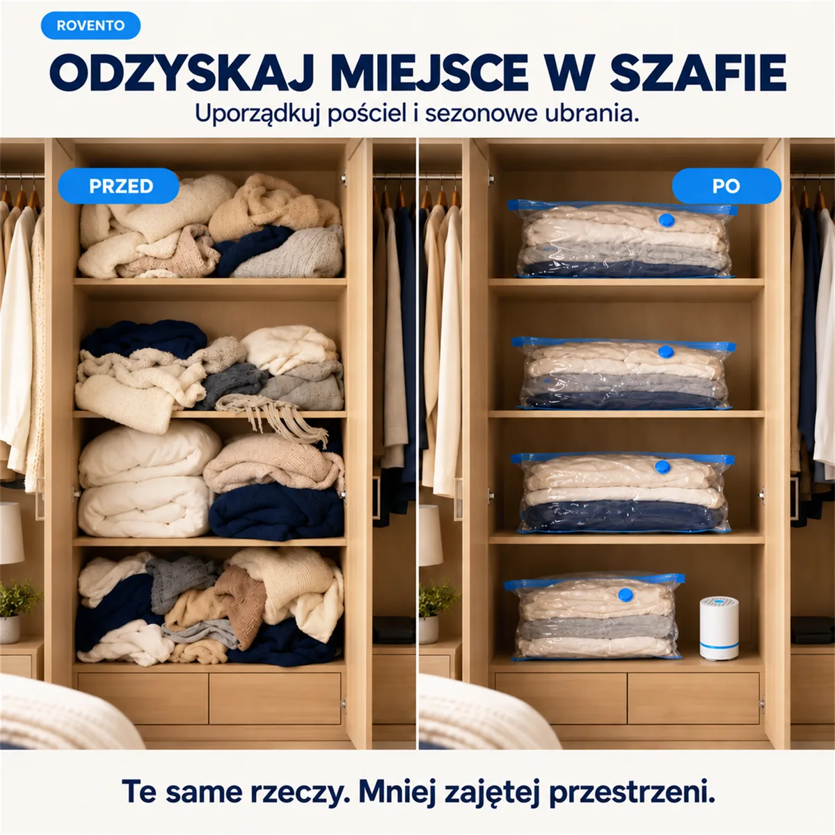 Szafa przed i po spakowaniu ubrań do worków próżniowych