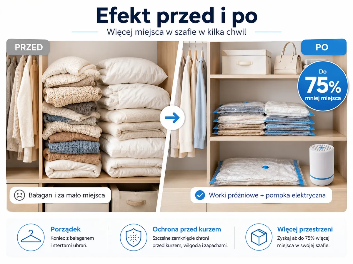 Efekt przed i po: więcej miejsca w szafie dzięki workom próżniowym
