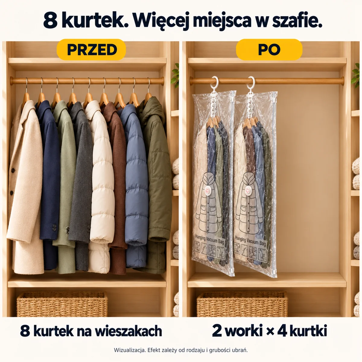 Przed i po: 8 kurtek na drążku i 2 worki próżniowe z wieszakiem