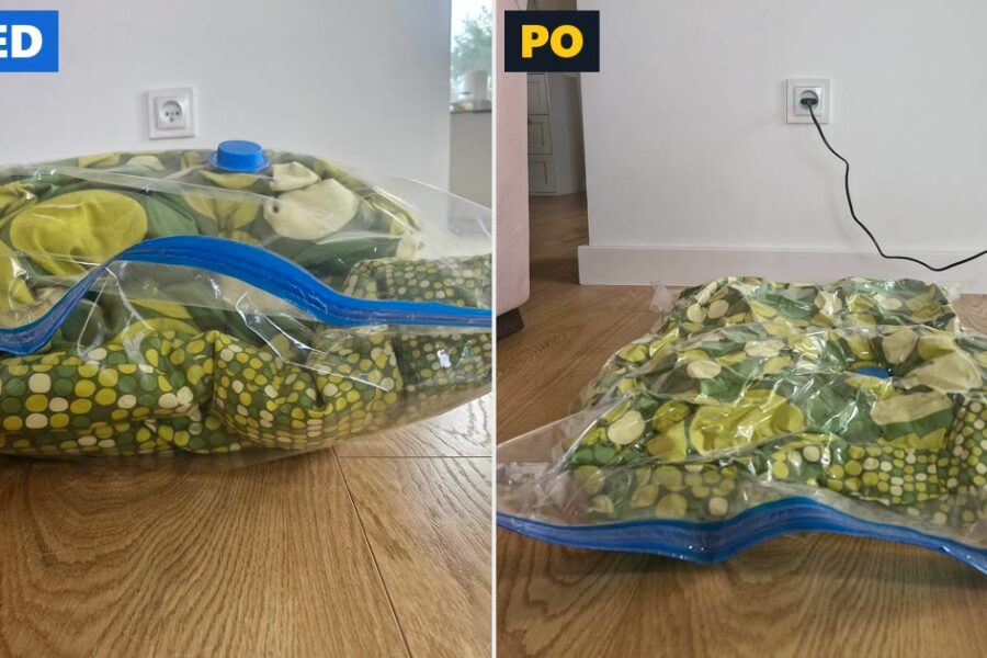 Kołdra w worku próżniowym Rovento przed i po odessaniu powietrza