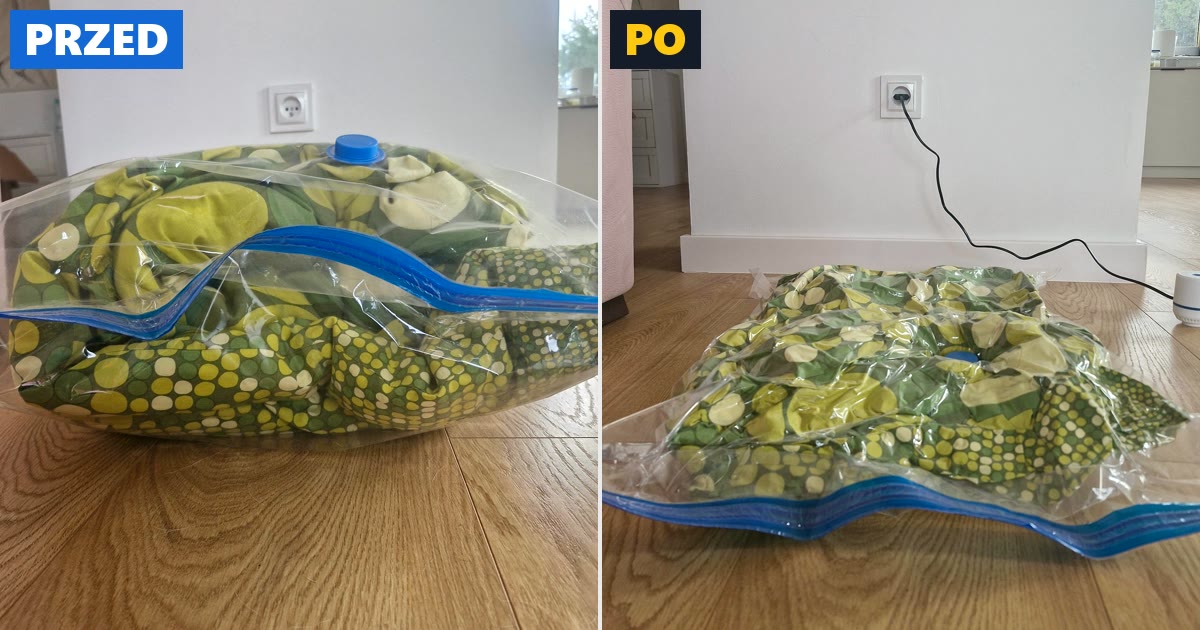 Kołdra w worku próżniowym Rovento przed i po odessaniu powietrza